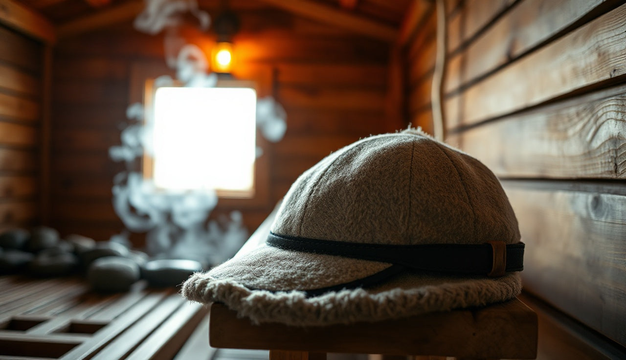 Wool felt sauna cap resting on a wooden sauna bench with steam rising in the background