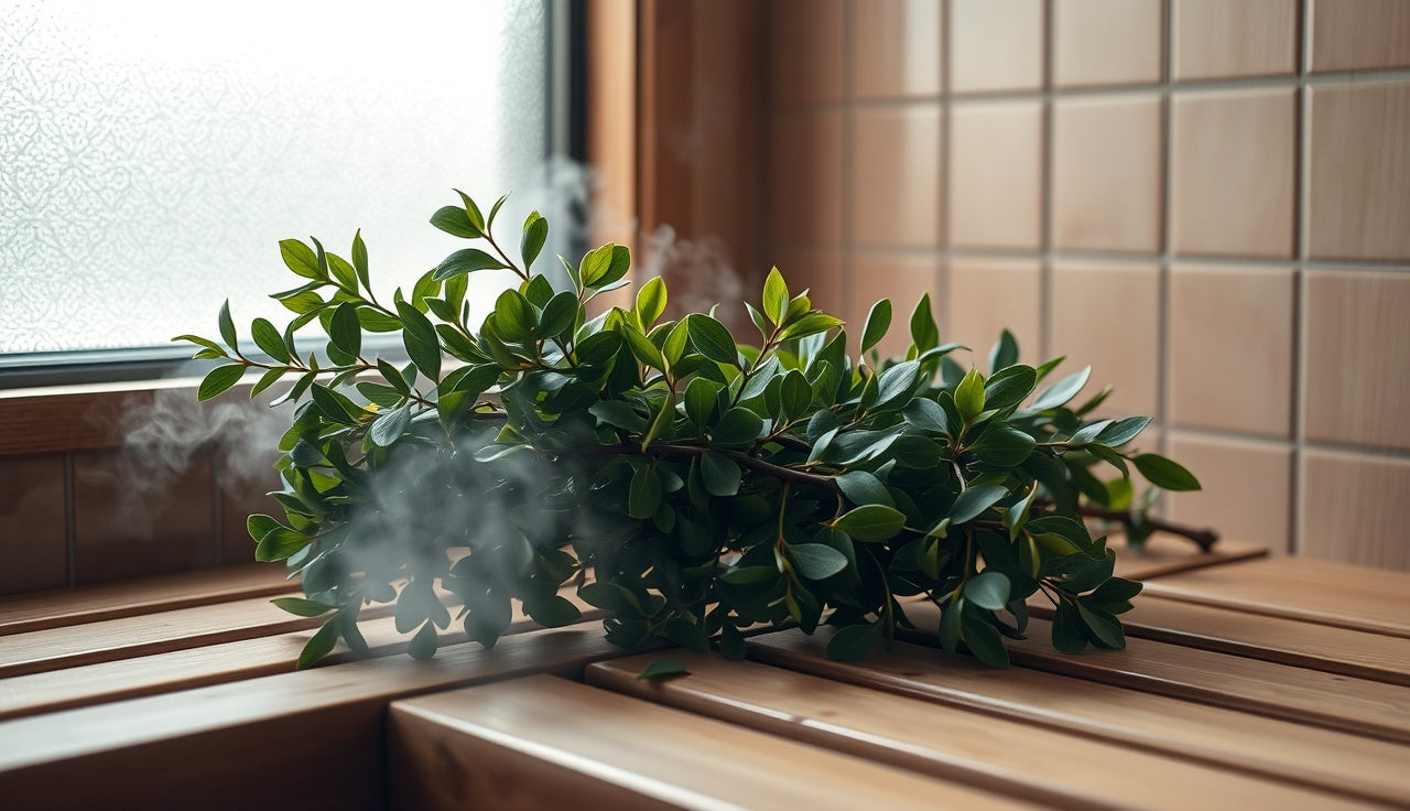 Eucalyptus branches on a wood bench inside a misty steam room