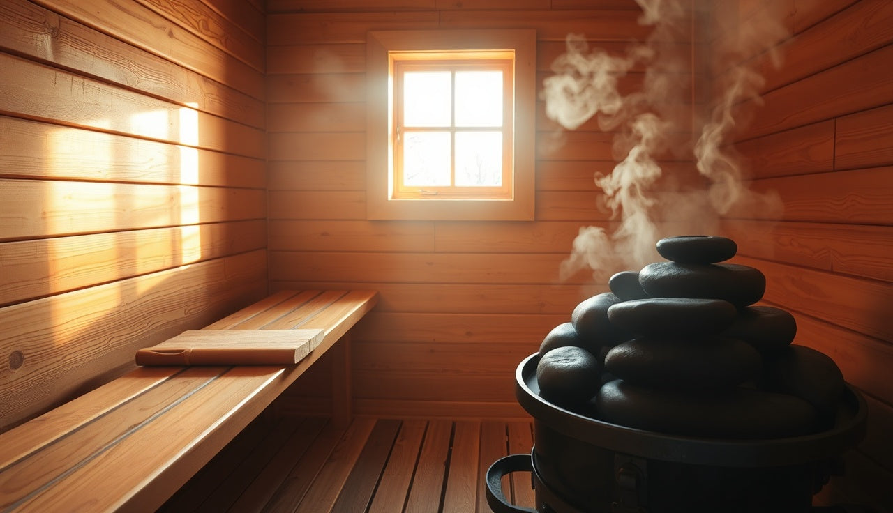Finnish sauna interior with hot stones, wooden bench, and rising steam
