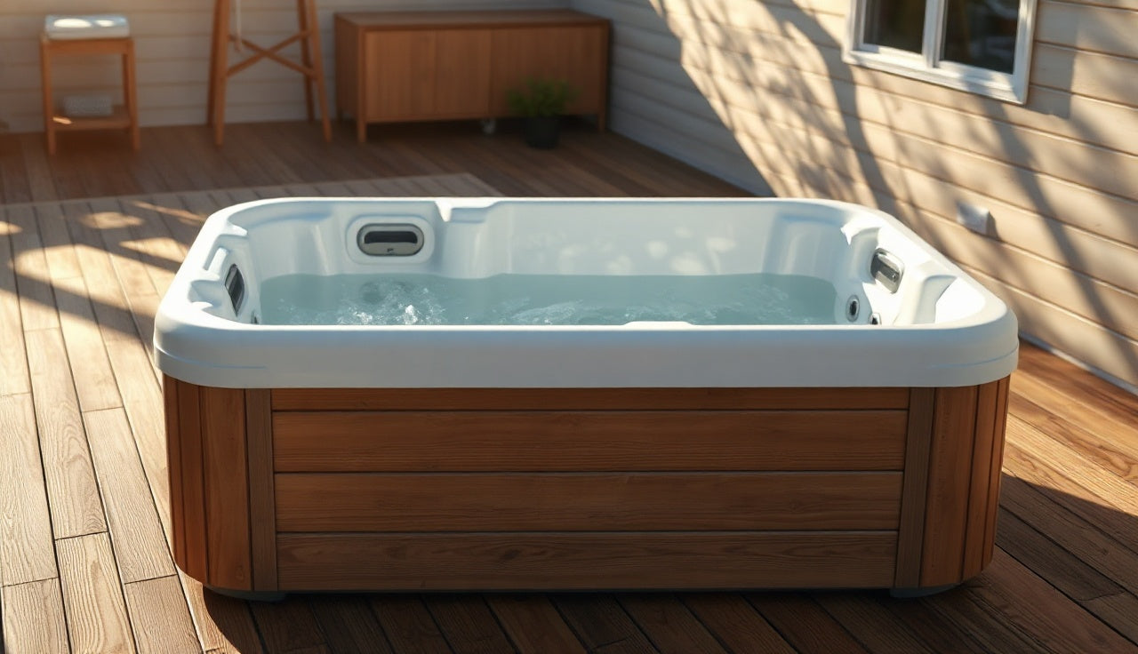 White foam insulation cover resting on a cold plunge tub on a wooden outdoor deck