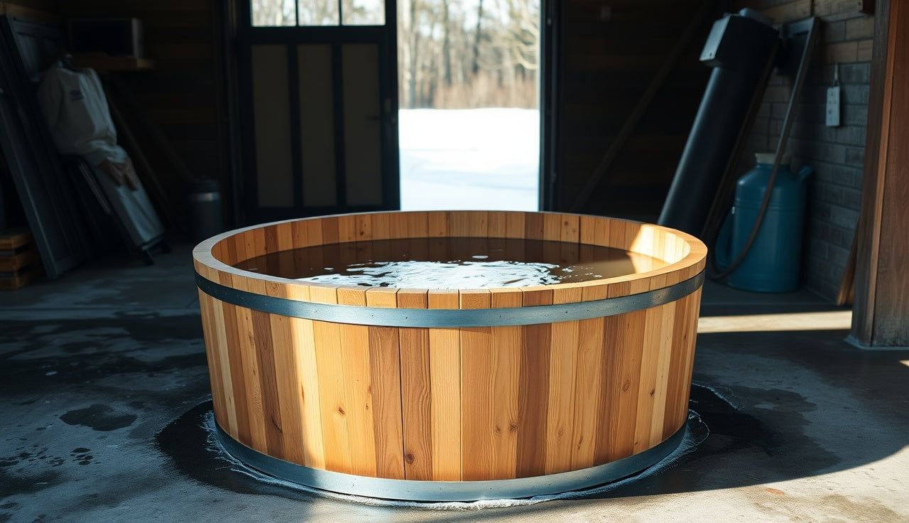 Cedar barrel cold plunge tub on a concrete floor with condensation visible