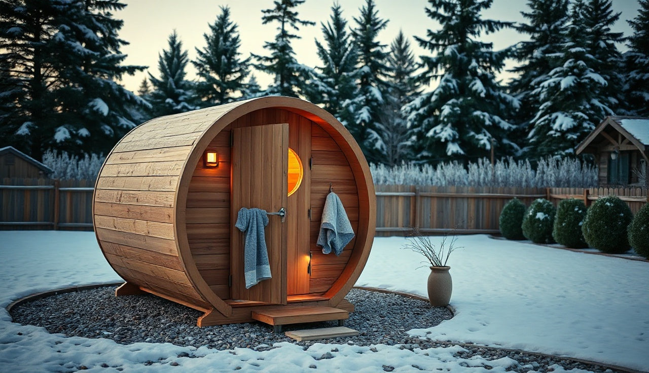 Two-person cedar barrel sauna on gravel pad with warm interior light at dusk