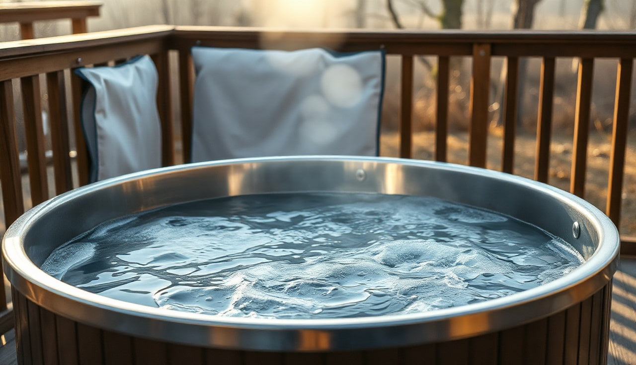 Stainless cold plunge tub with visible foam insulation panels on wood deck