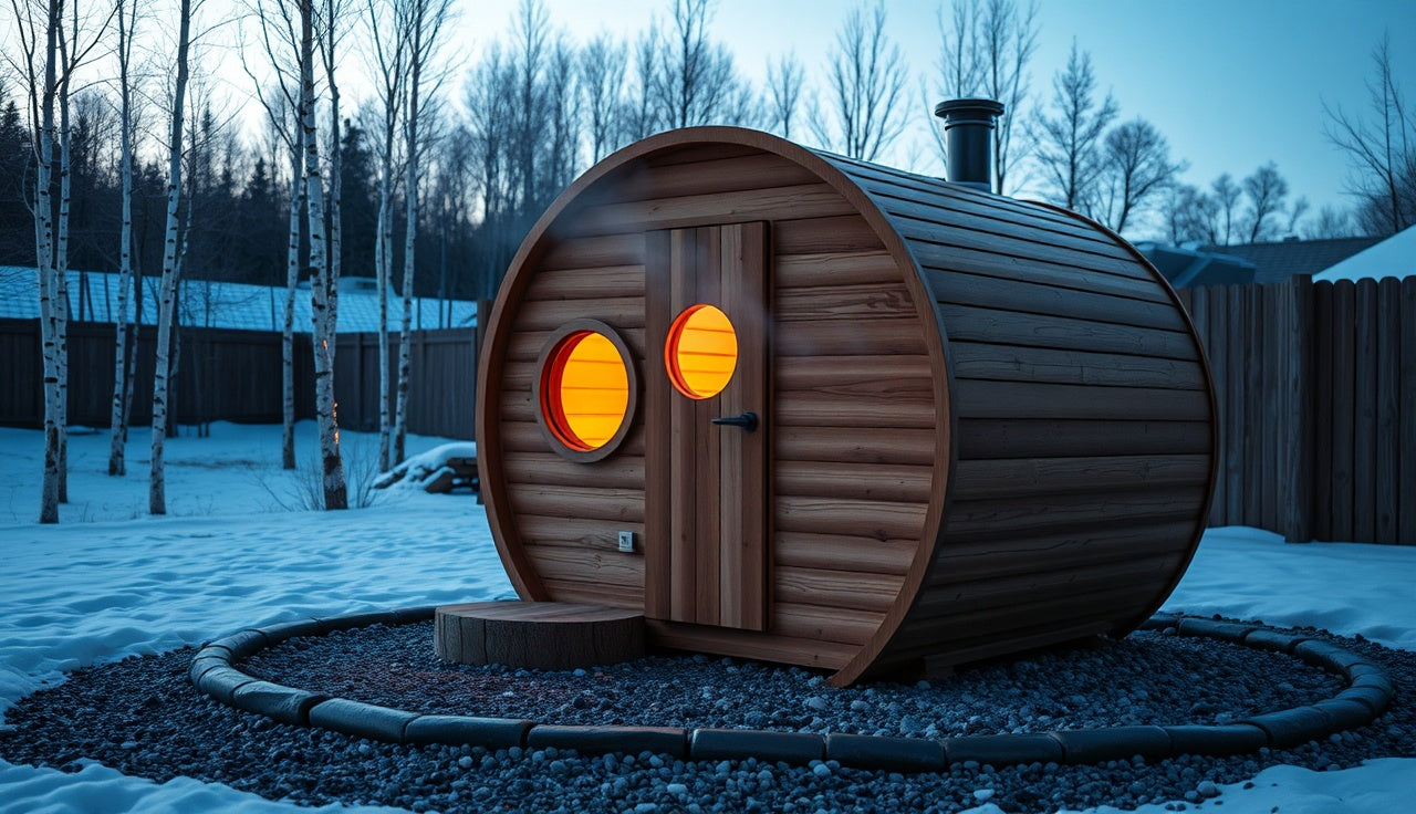Cedar barrel sauna on gravel pad in snowy backyard with warm interior light glowing at dusk