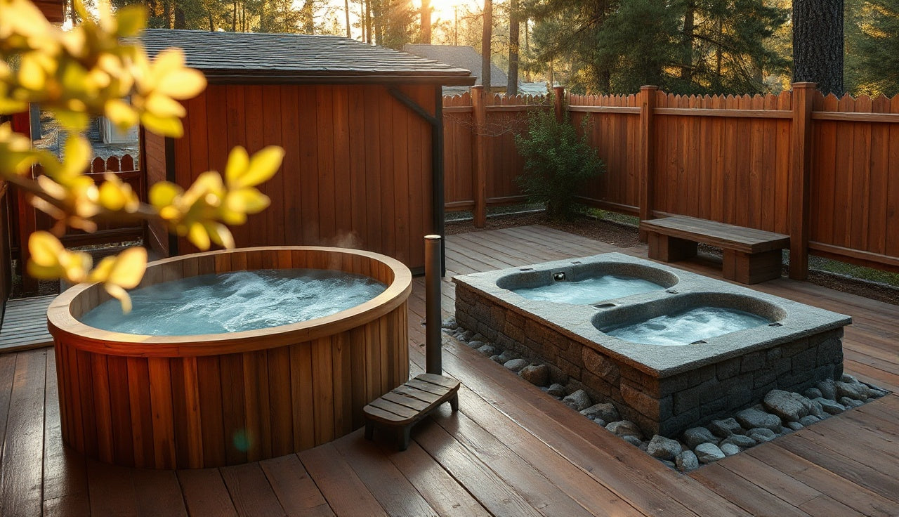 Outdoor hot tub and cold plunge side by side on a cedar deck at sunset