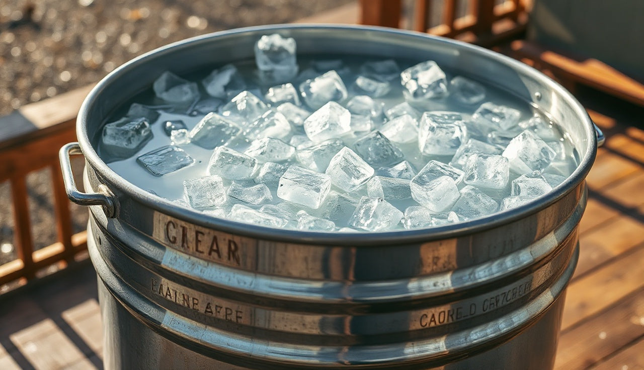 Galvanized stock tank ice bath filled with water and floating ice cubes on a wooden deck