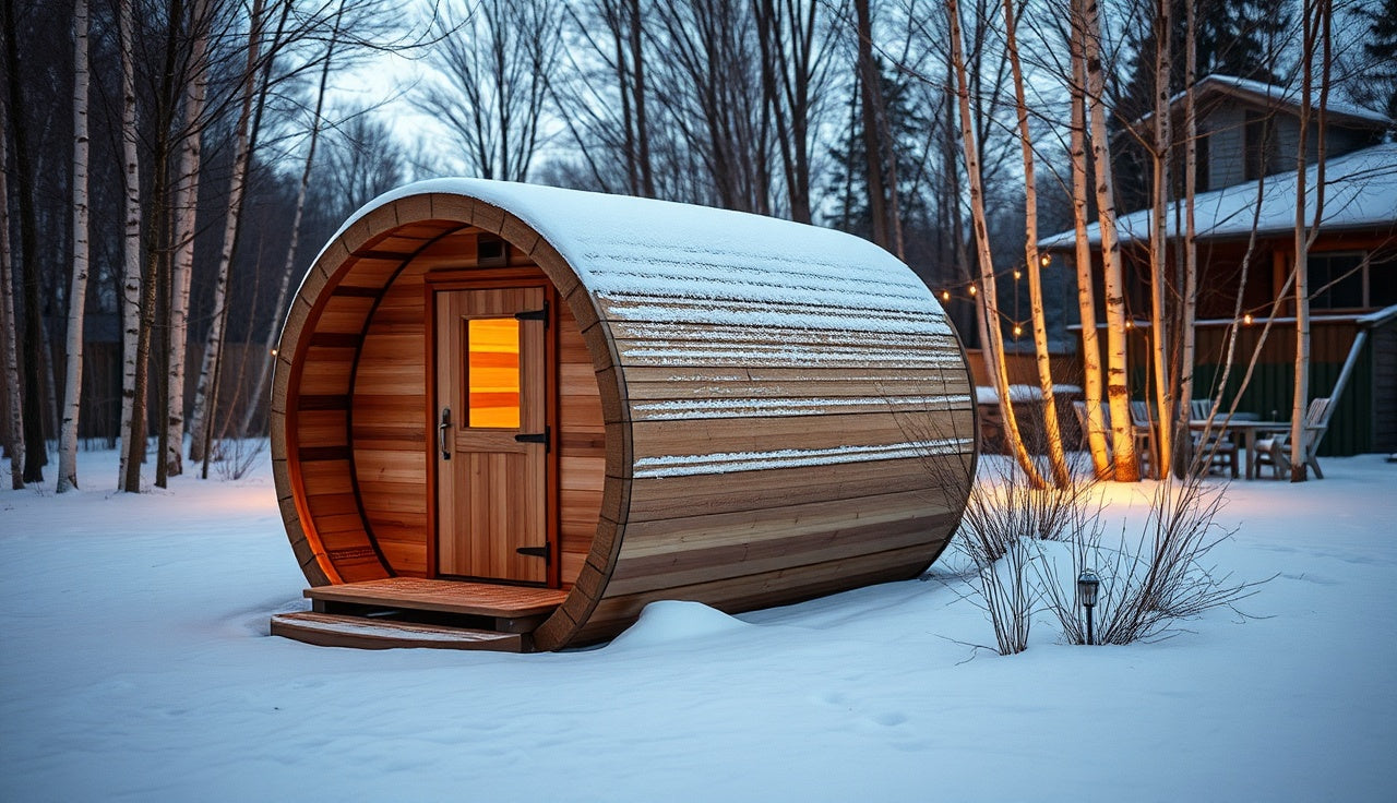Cedar barrel sauna with glowing window on a snowy backyard deck at dusk