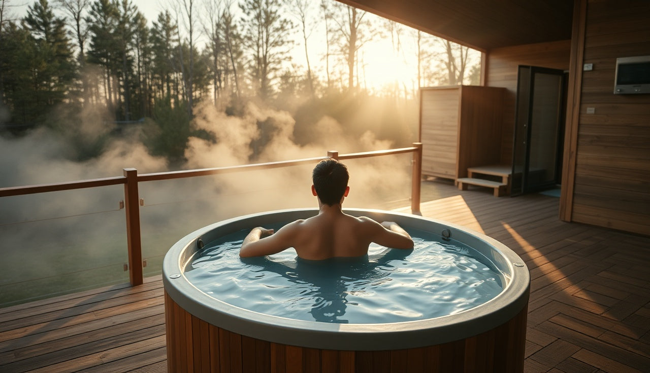 Person sitting in a cold plunge tub outdoors after exercise for muscle recovery