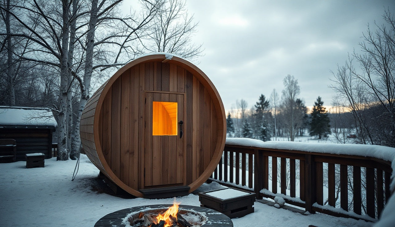 Cedar wood barrel sauna on snowy backyard deck with warm interior light glowing at dusk