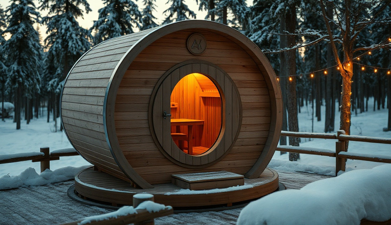 Cedar barrel sauna on a snowy deck glowing with warm interior light at dusk