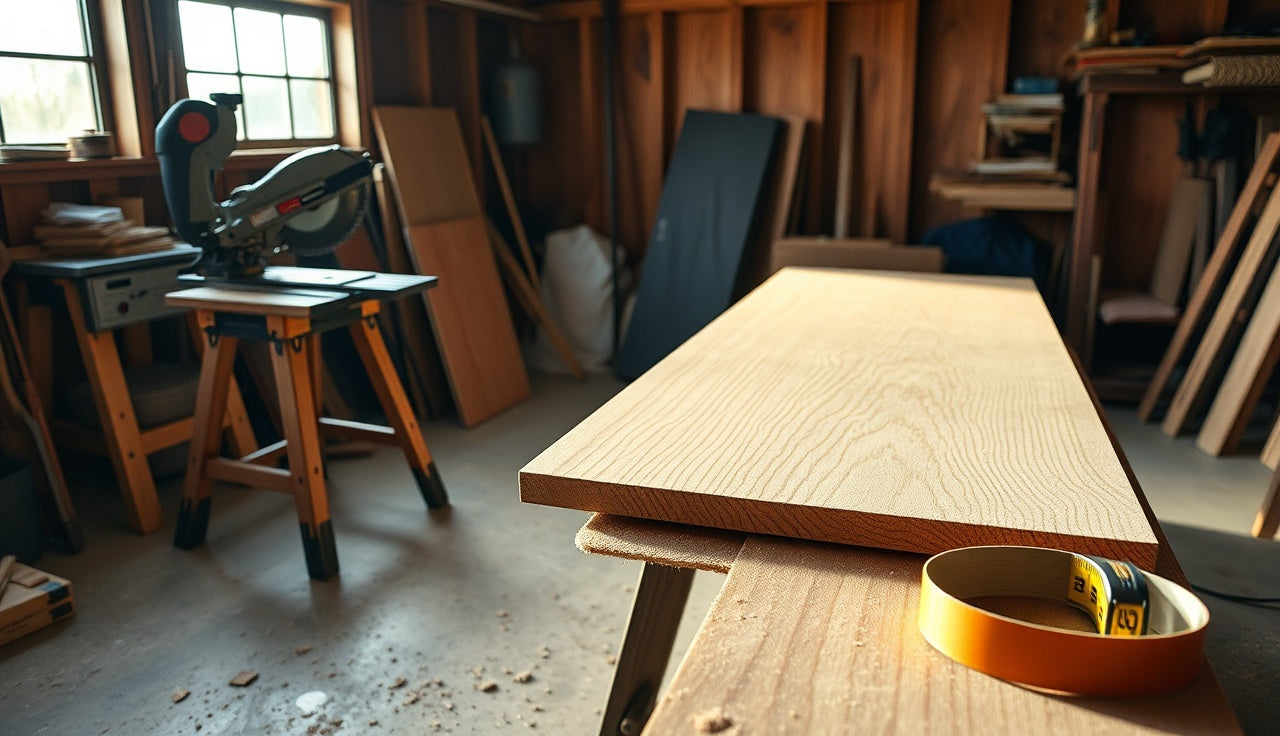 Workshop with cedar sauna boards on sawhorses and tools for a sauna build