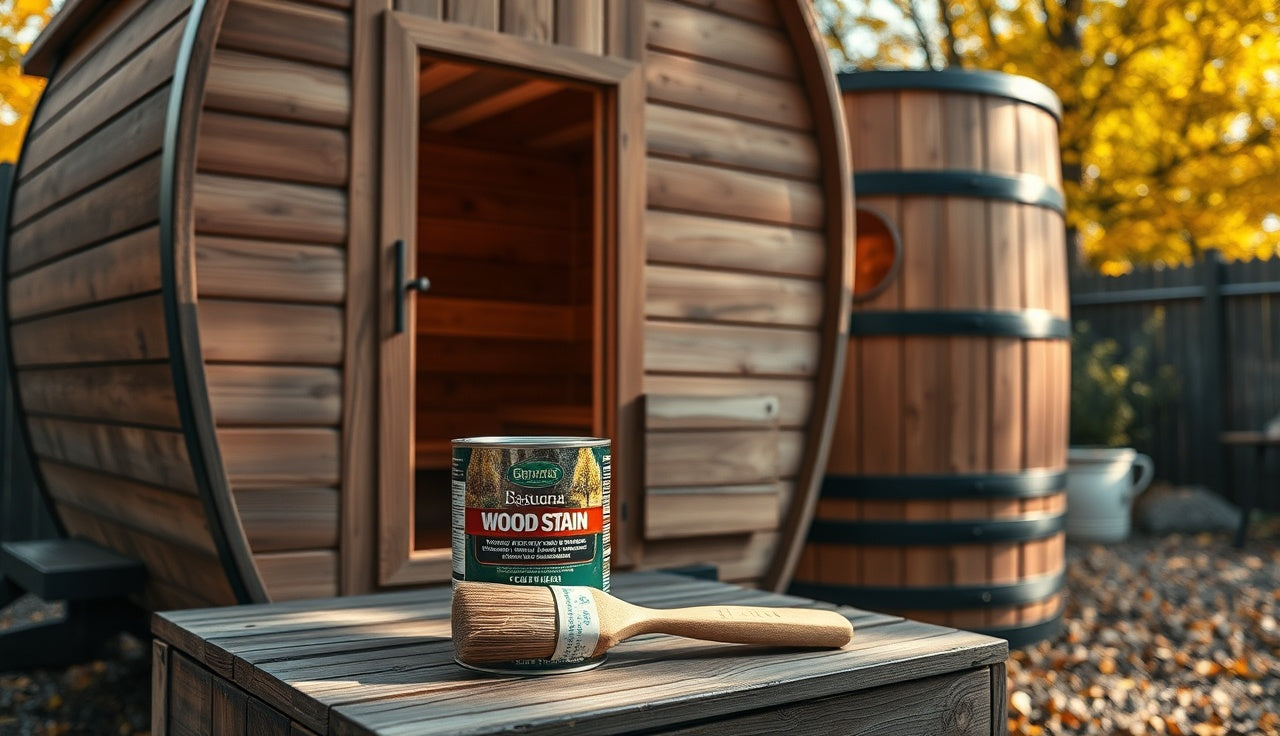 Cedar barrel sauna exterior with open stain cans and a brush on the steps