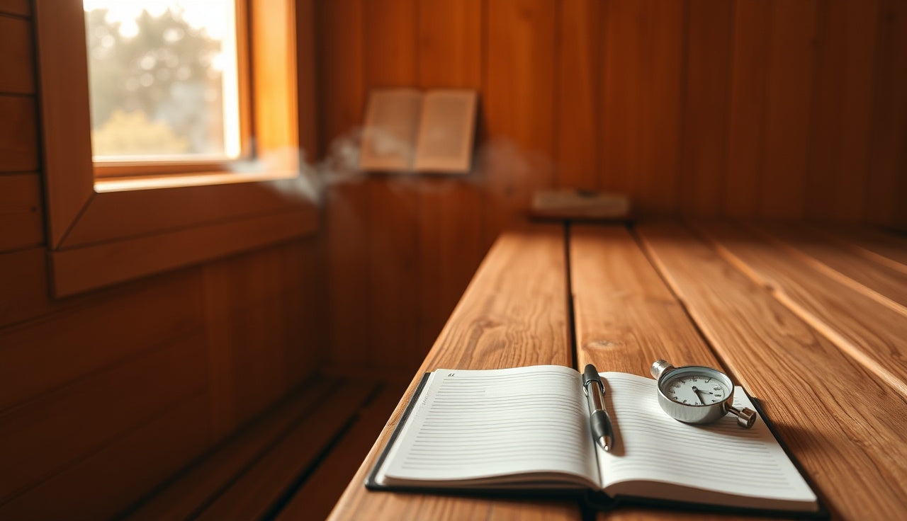 Open logbook notebook and thermometer resting on a sauna bench in warm amber light