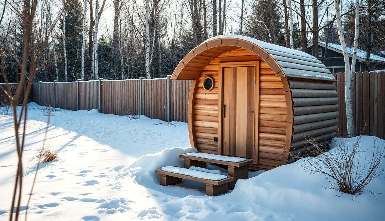 Cedar barrel outdoor sauna with wooden wind block fence in snowy backyard