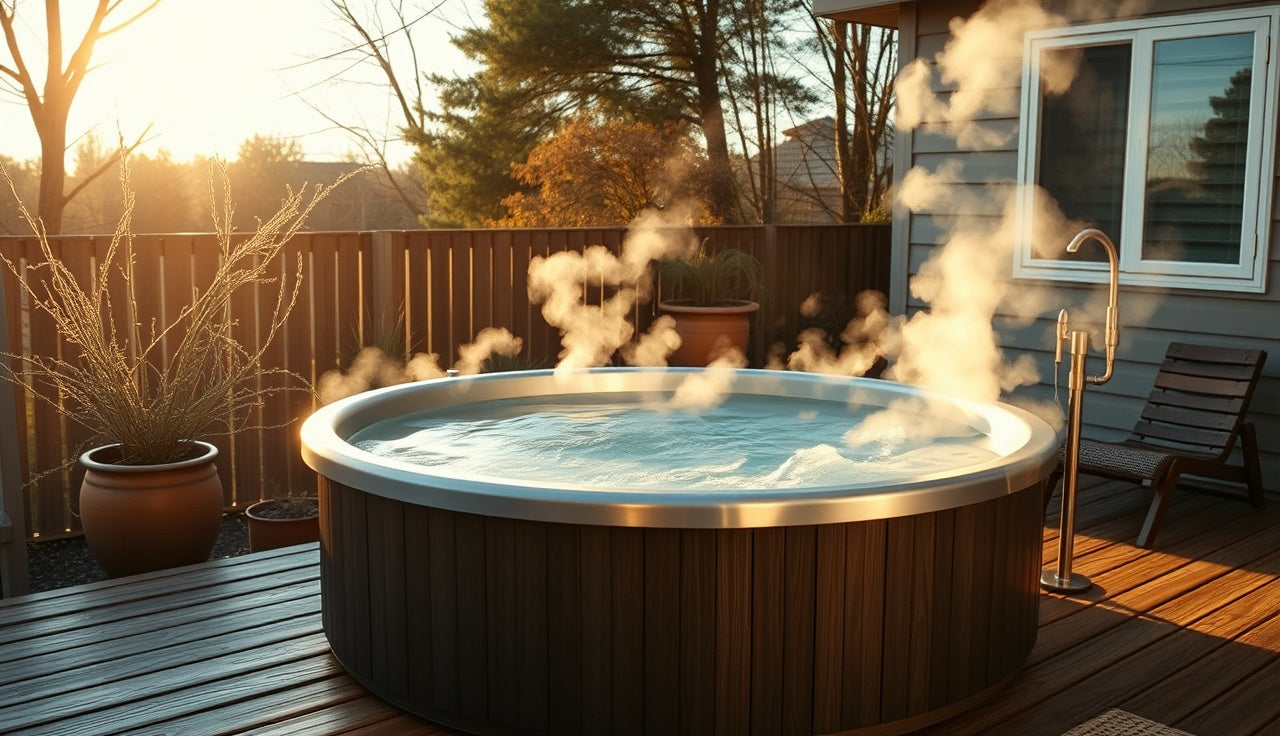 Clear cold plunge tub with clean water on a wooden backyard deck