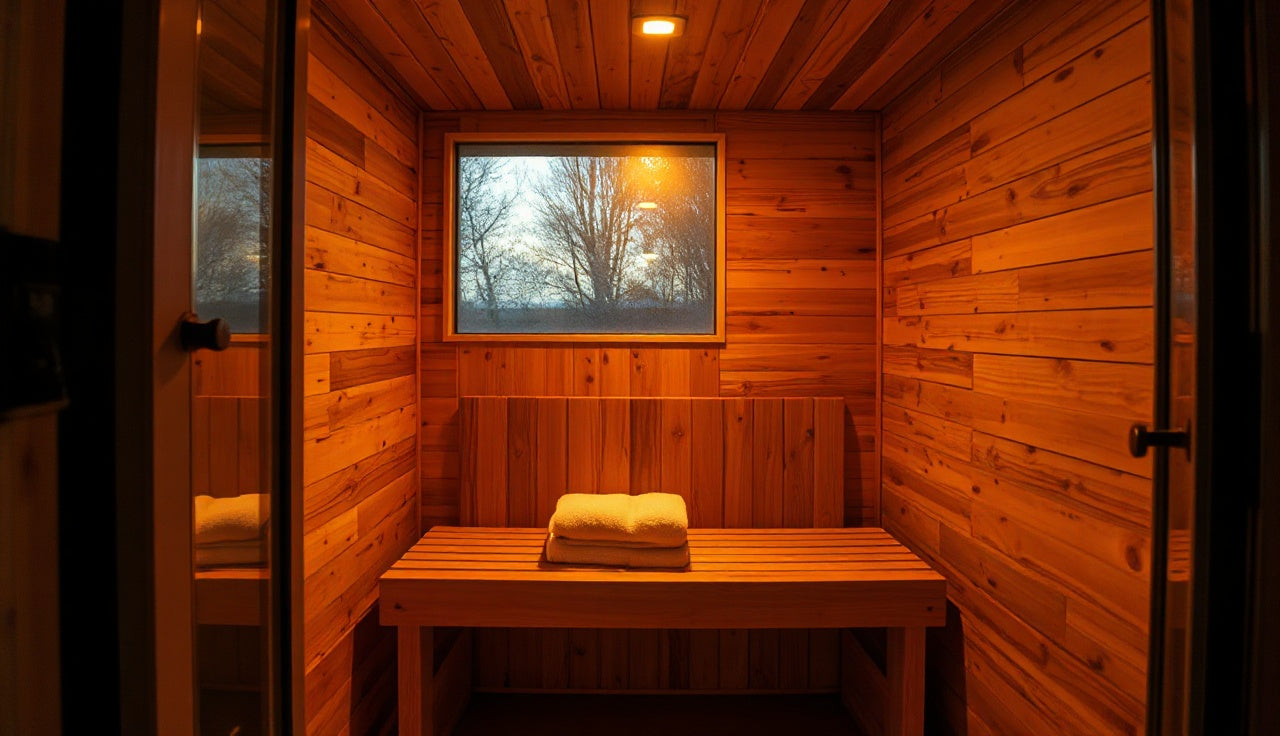 Interior of a cedar infrared sauna with glowing carbon panel heaters and a wooden bench