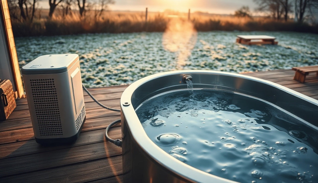 Stainless ice bath tub with chiller unit on a wood deck at dawn