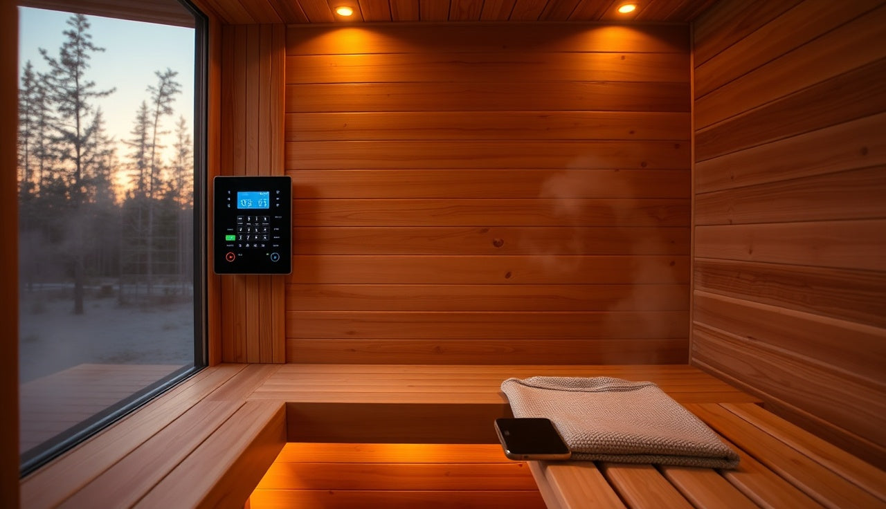 Wood-paneled home sauna interior with smart digital control panel mounted outside the door