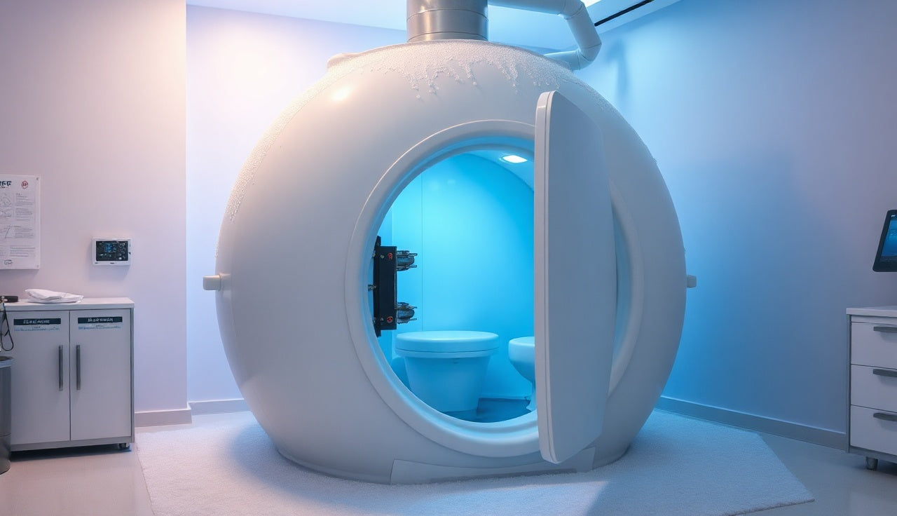 Open frost-covered cryo sauna chamber in a dimly lit recovery room