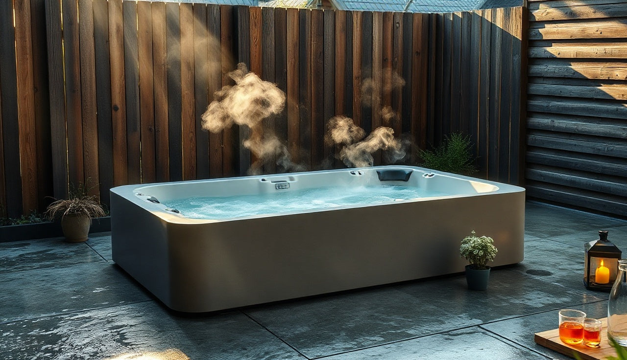 Cold plunge tub on outdoor concrete patio with morning light on water surface