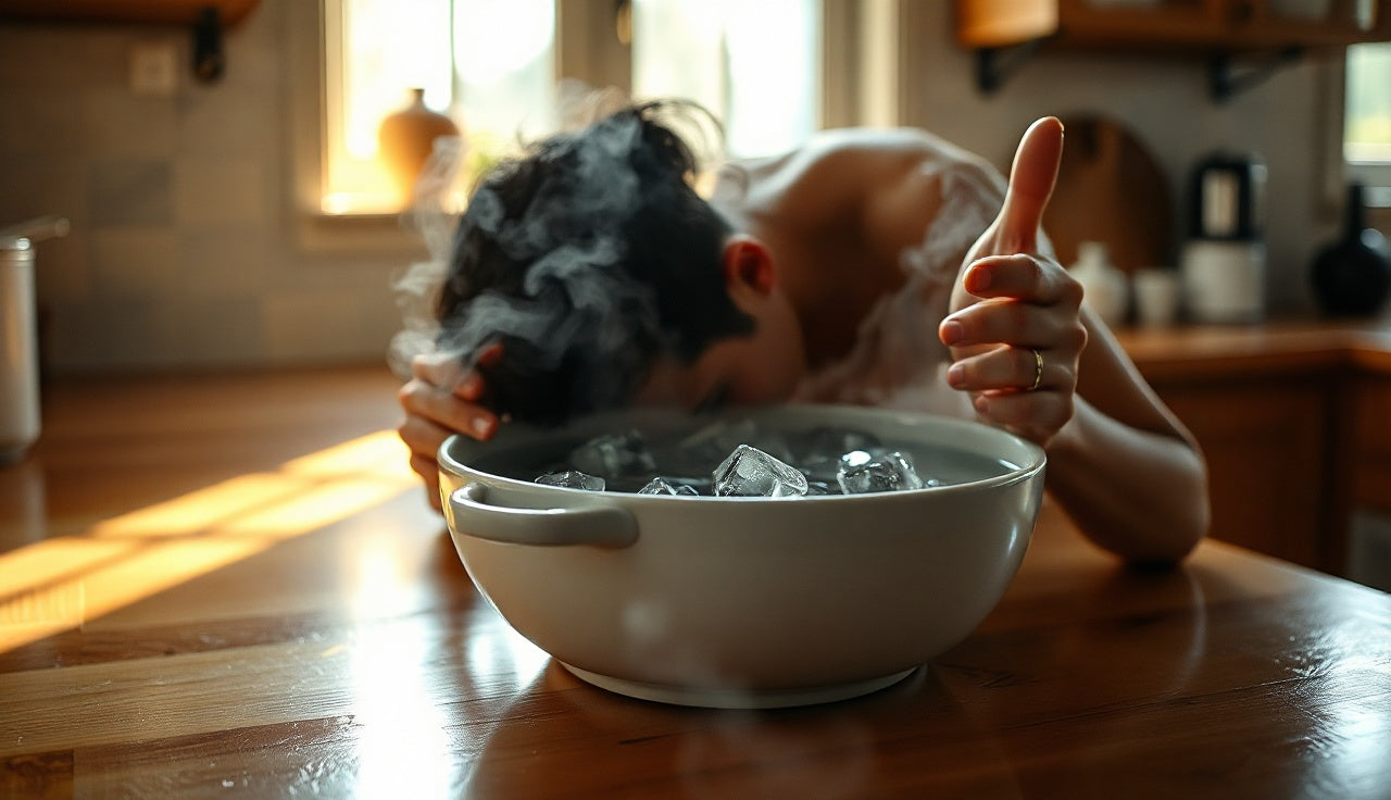 Person submerging face into a bowl of ice water on a kitchen counter