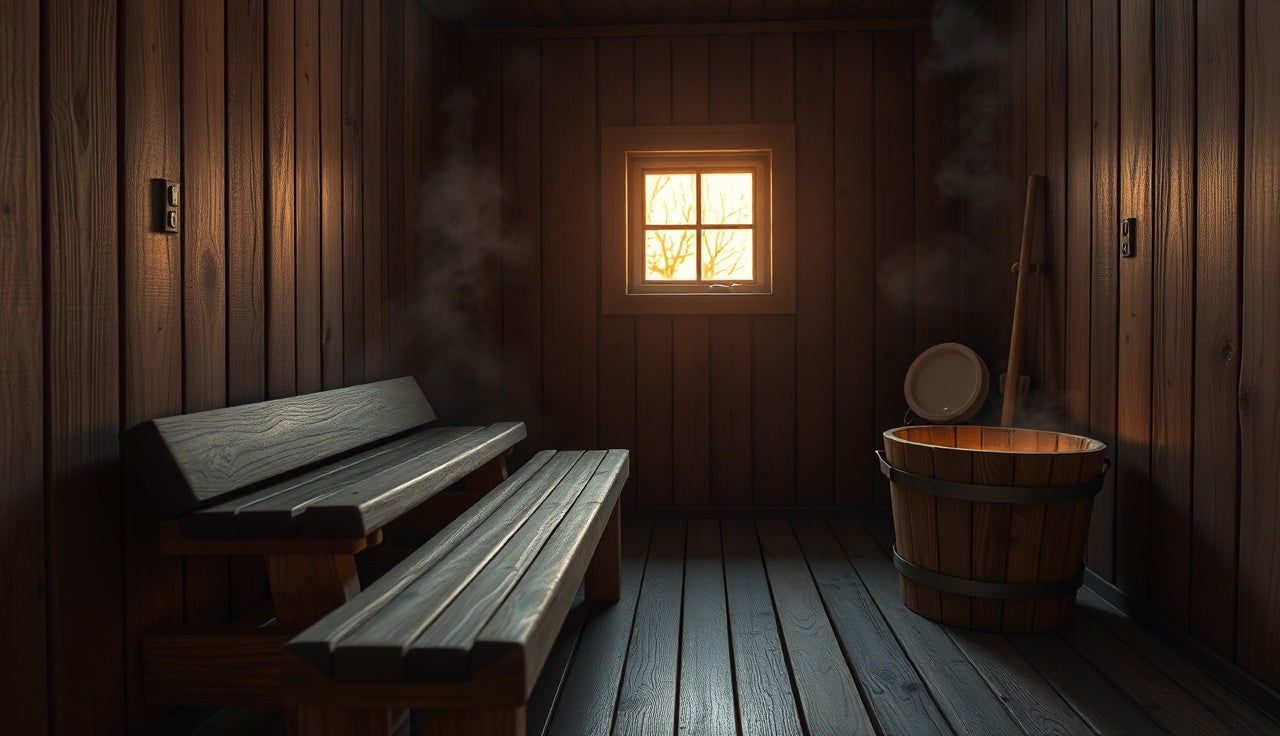 Interior of a traditional Finnish sauna with glowing hot rocks and rising steam
