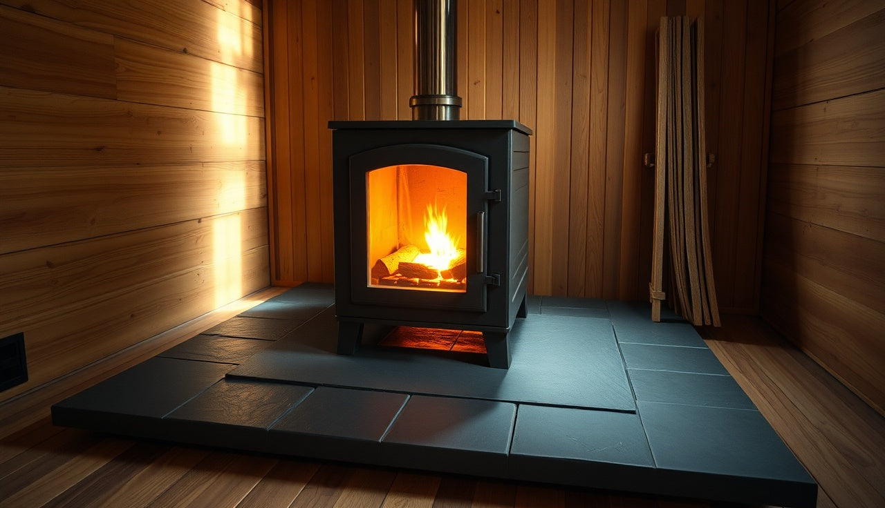 Wood burning sauna stove resting on a slate hearth pad inside a cedar sauna room