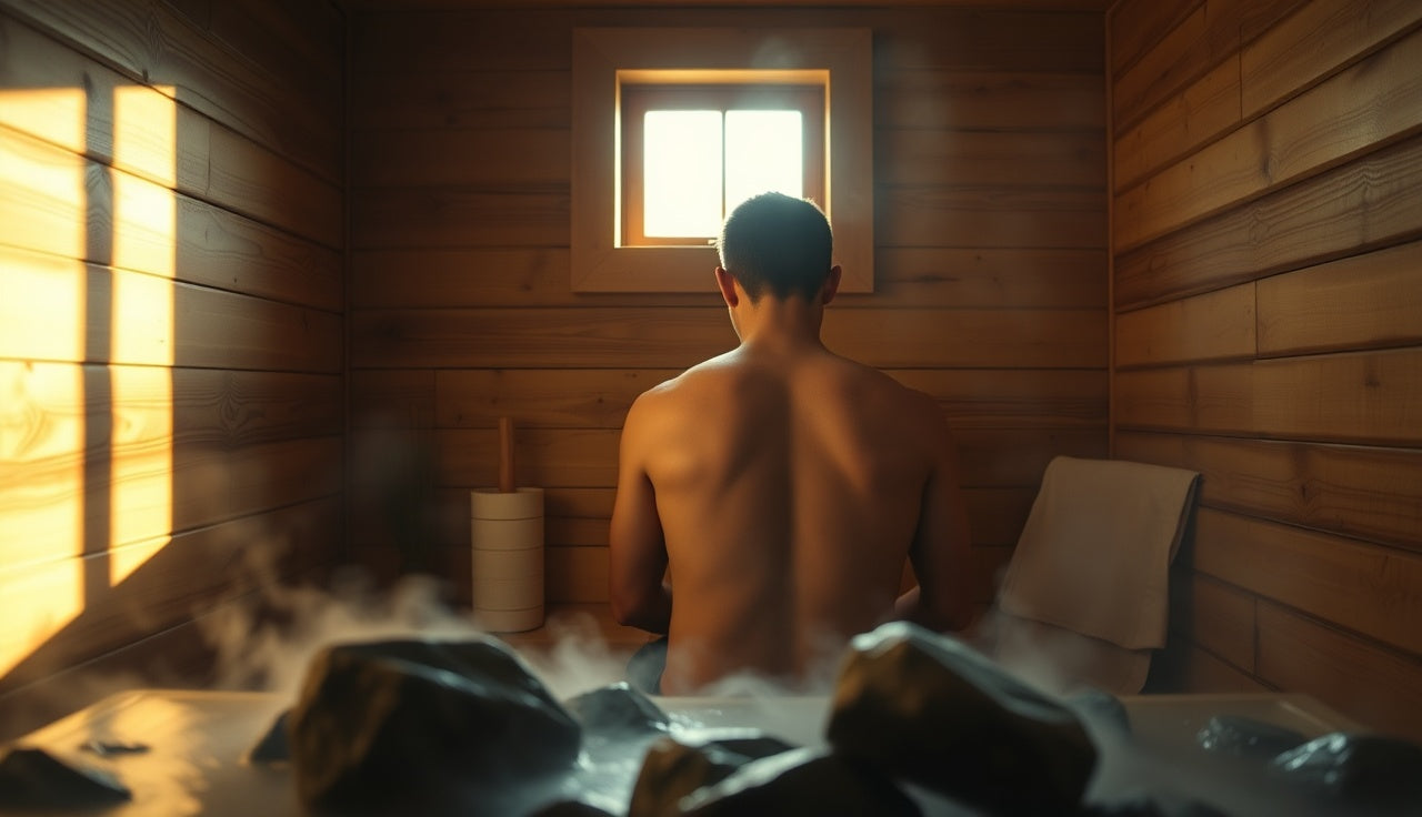 Man sitting in a traditional wooden sauna with steam rising from hot rocks