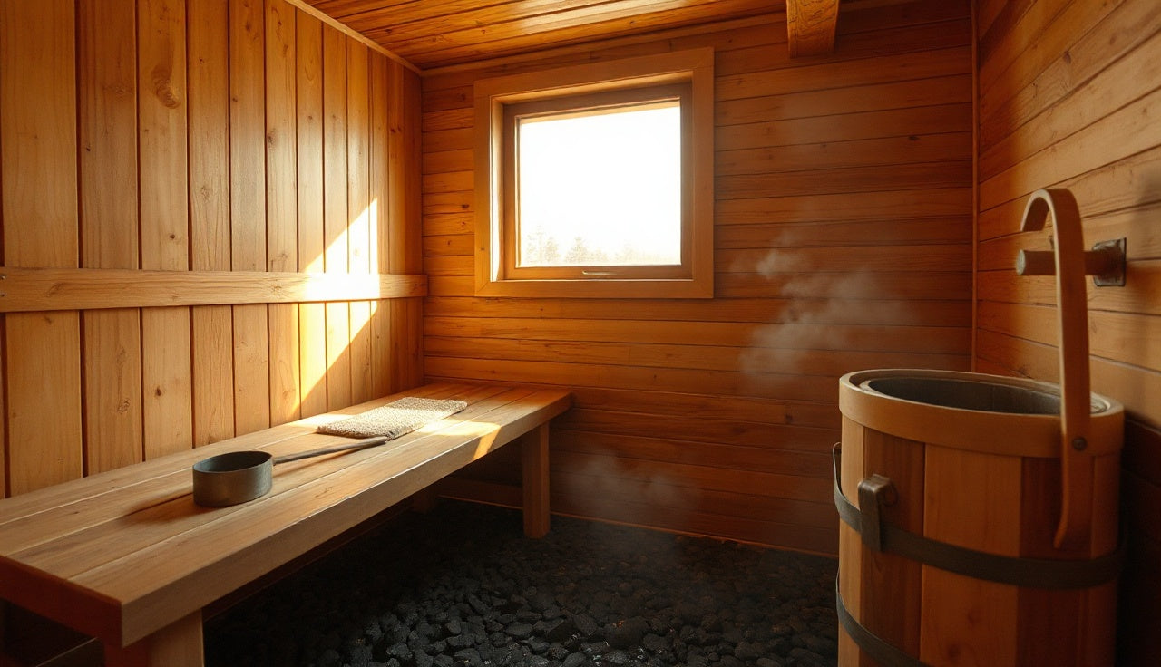 Cedar Finnish sauna interior with hot stones, wooden bench, ladle, and bucket