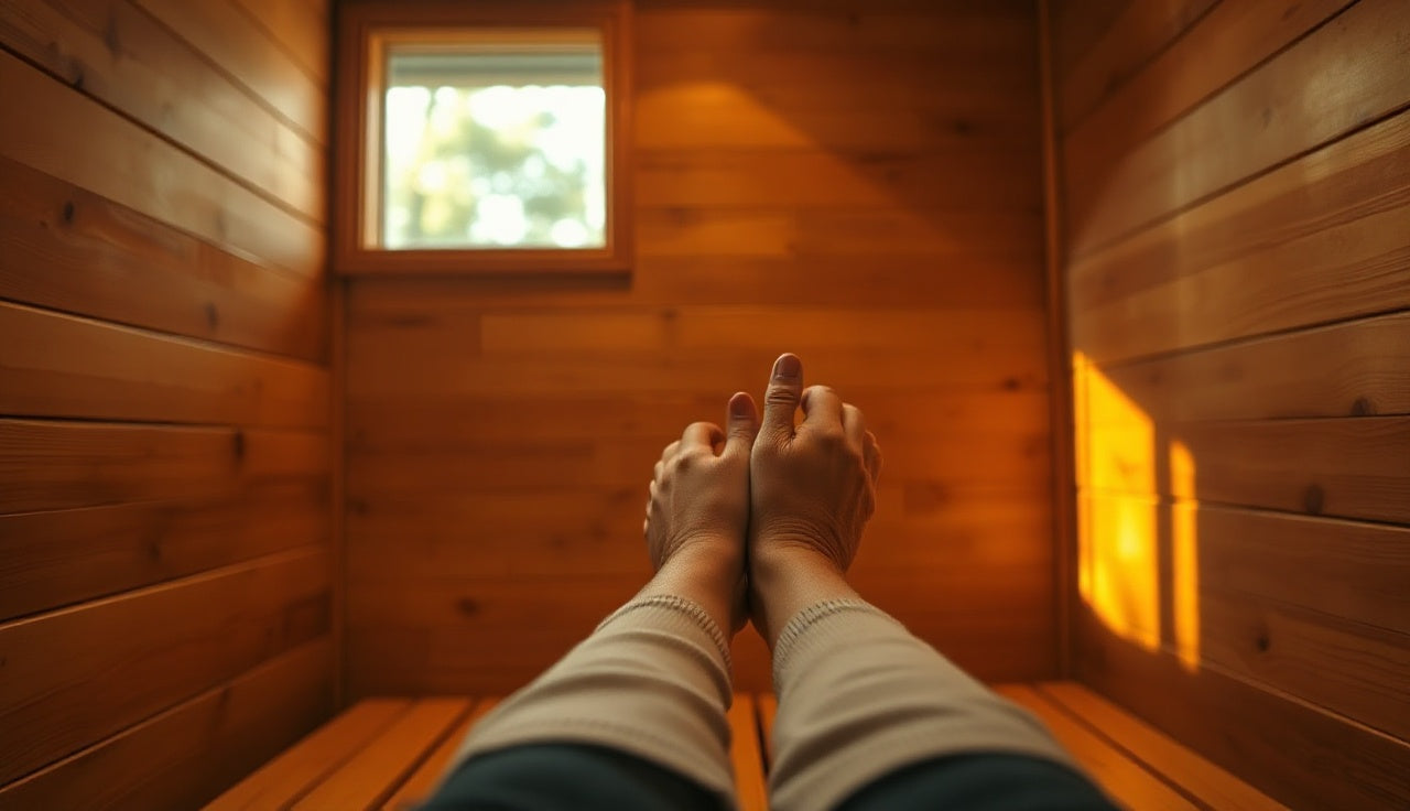 Person with arthritis sitting relaxed inside a glowing infrared sauna cabin