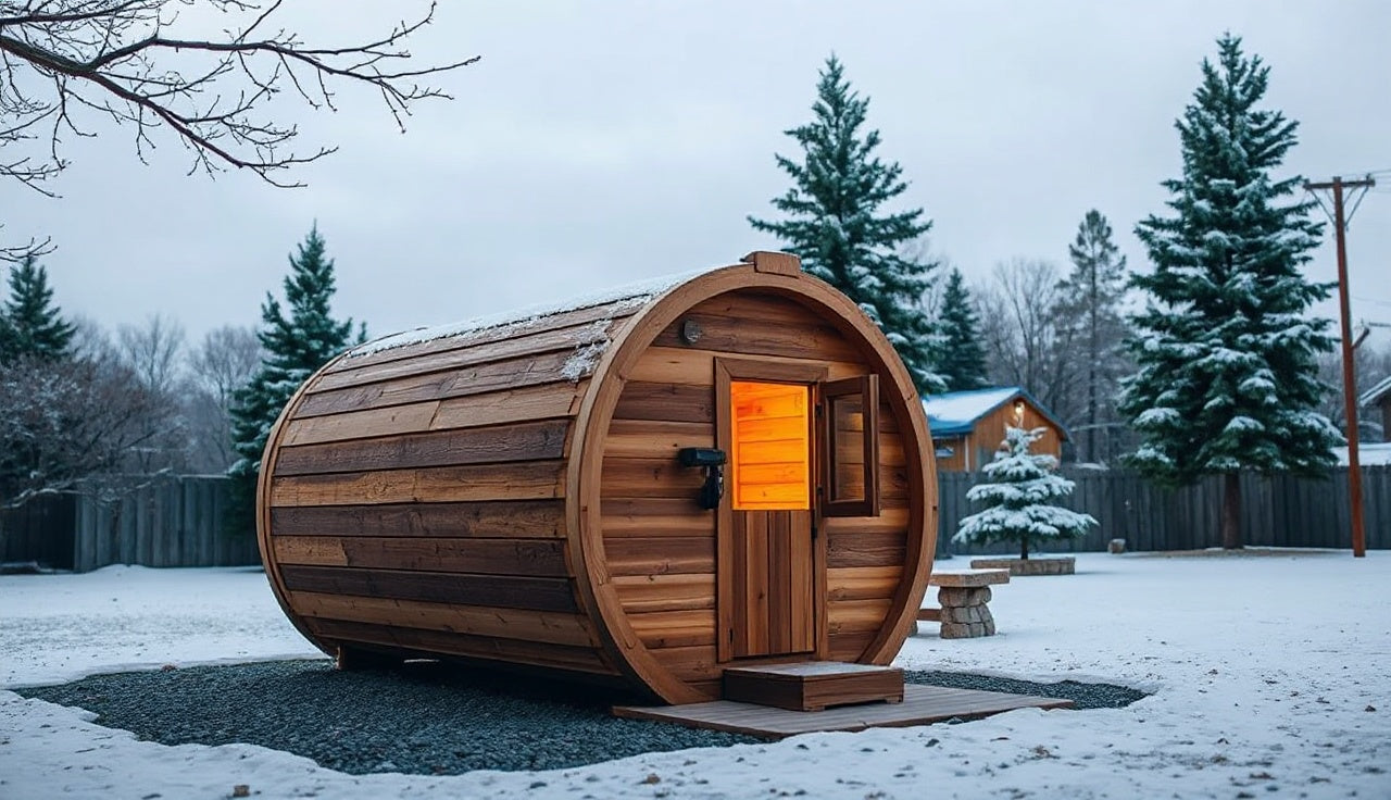 Cedar barrel sauna on gravel pad in snowy backyard at dusk with warm interior glow