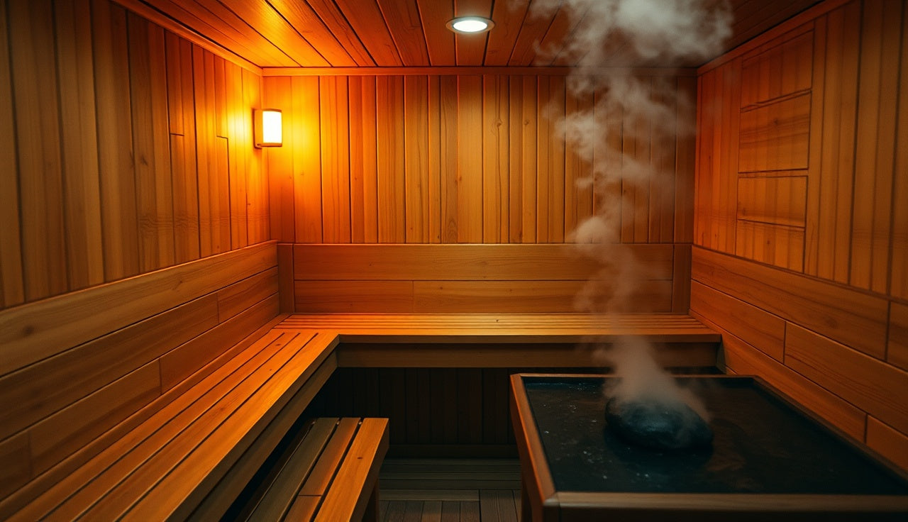 Interior of a two-person home sauna with glowing electric heater and spruce benches