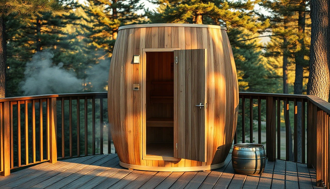 A small cedar 1 person barrel sauna on an outdoor deck at golden hour