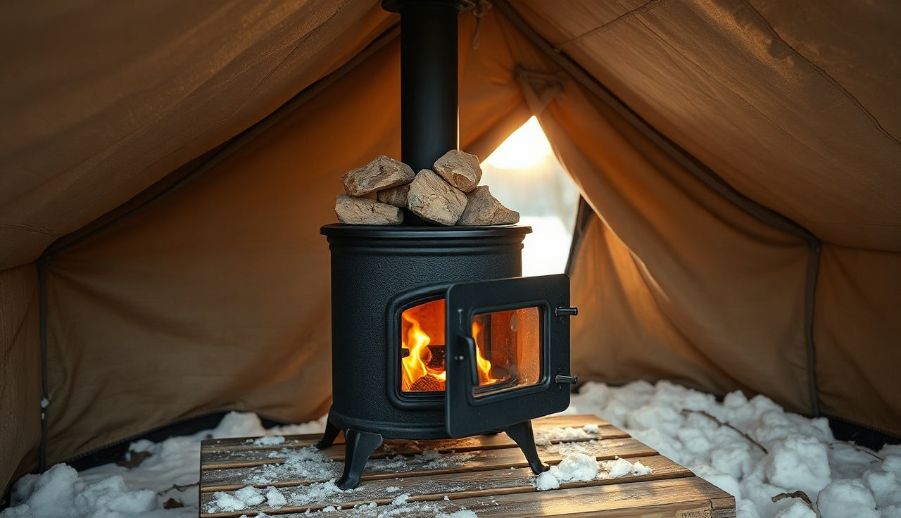 Wood-burning portable sauna stove with heated rocks inside a canvas tent sauna