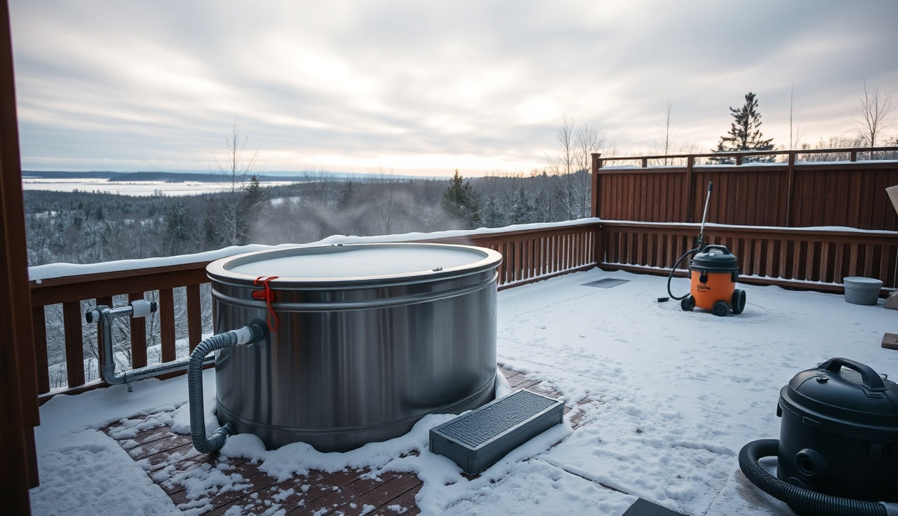 Outdoor cold plunge tub on a snowy deck being winterized with foam pipe insulation