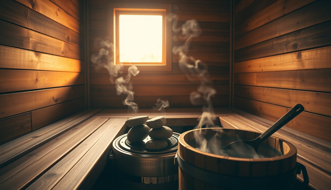 Warm cedar sauna interior with steam rising from hot stones, no people