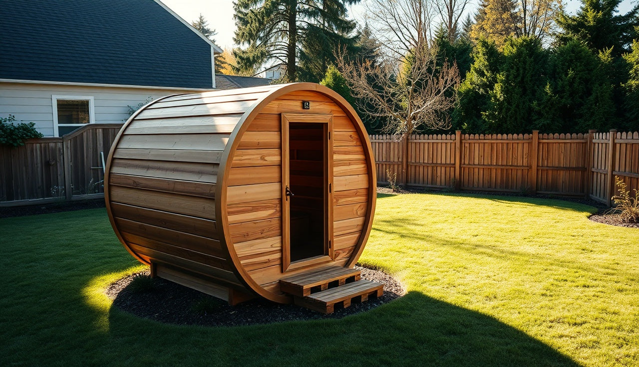 Cedar barrel sauna in a backyard with wooden fence and property line visible