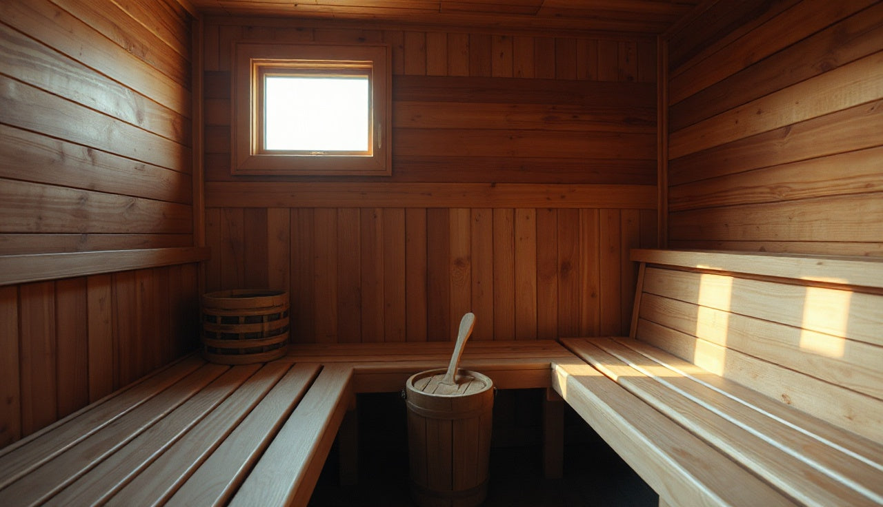 Interior of a cedar infrared sauna cabin with glowing panels and wooden benches
