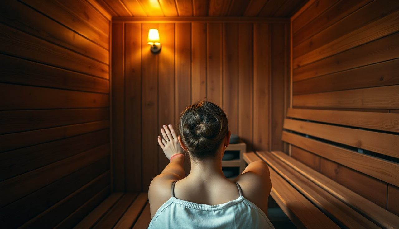 Person with psoriasis-affected skin sitting in a wood-paneled Finnish sauna