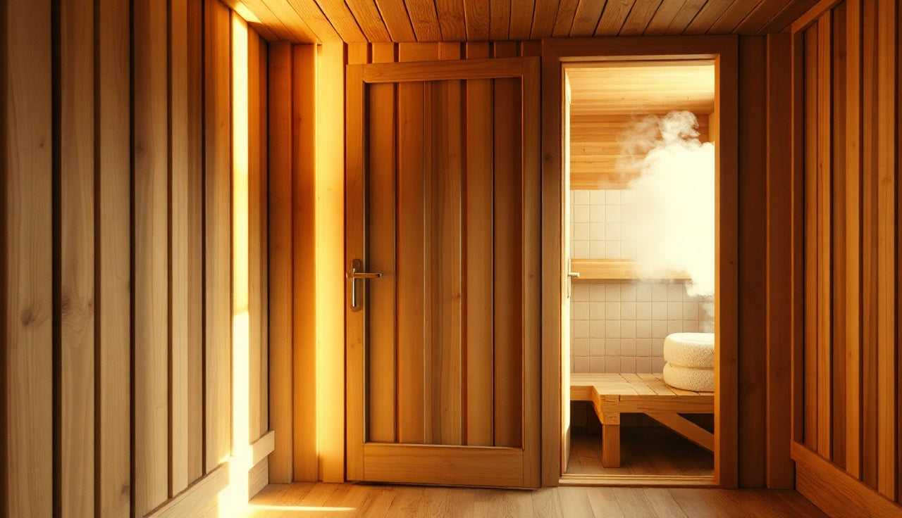 Cedar sauna interior next to a tiled steam room entrance showing heat therapy contrast