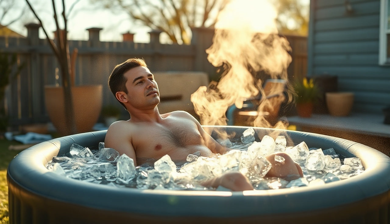 Person sitting in inflatable ice bath filled with cold water and ice outdoors