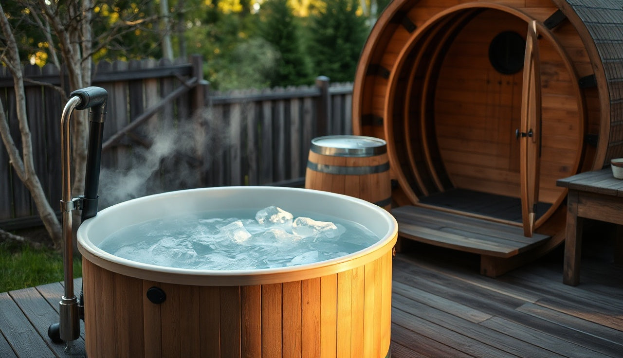 Round insulated cold plunge pod on a backyard deck next to a wooden barrel sauna