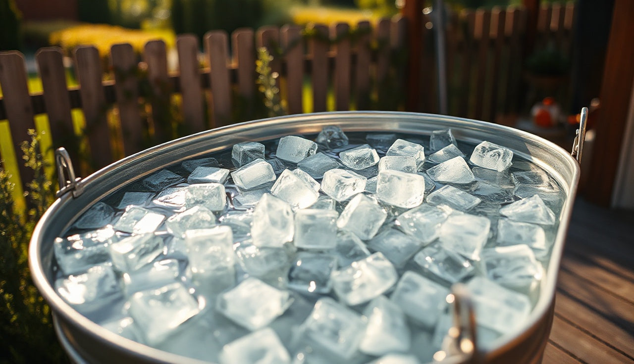 Galvanized stock tank filled with ice water on a sunny backyard deck