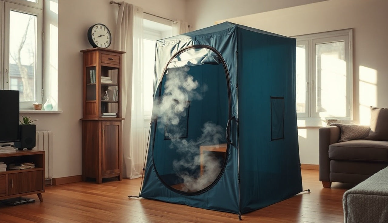 Portable steam sauna tent set up in a sunlit apartment living room