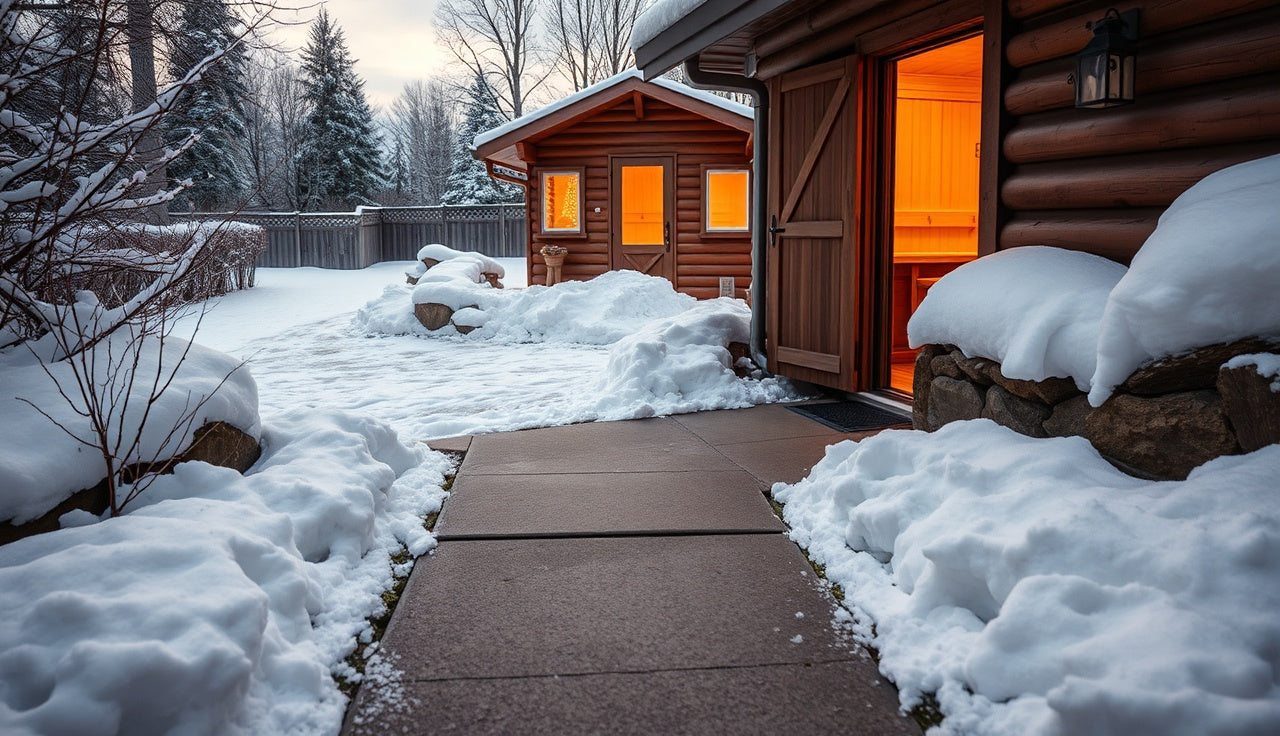 Heated concrete walkway cleared of snow leading to an outdoor wooden sauna cabin in winter