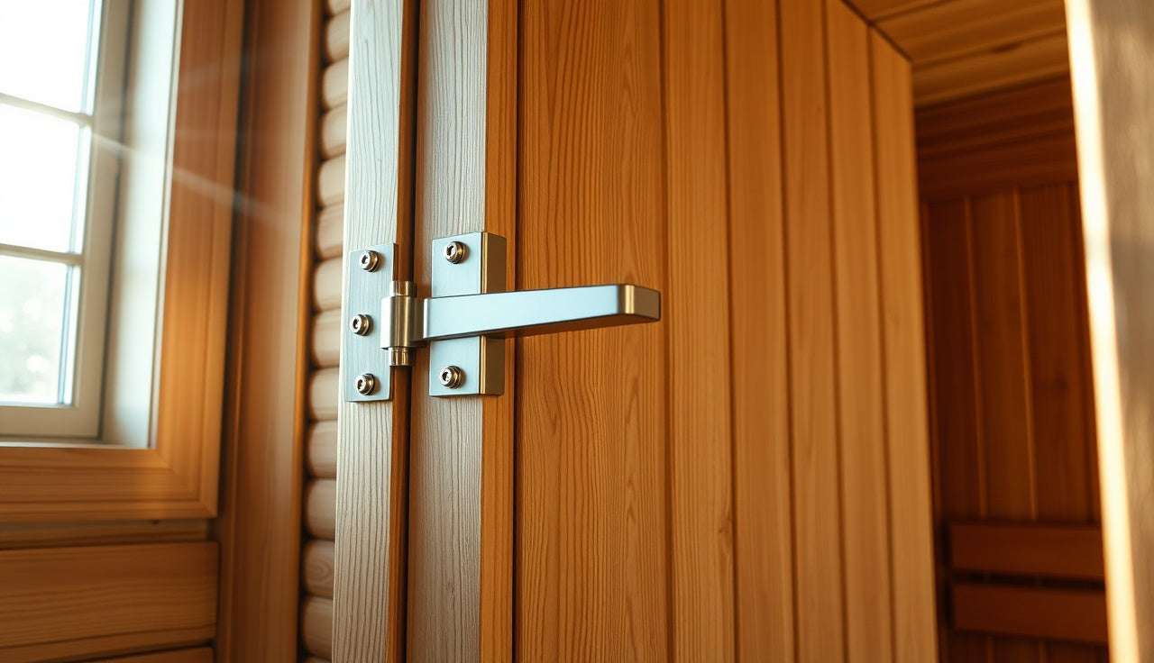 Close-up of a wooden sauna door with a high-mounted stainless steel childproof bolt latch