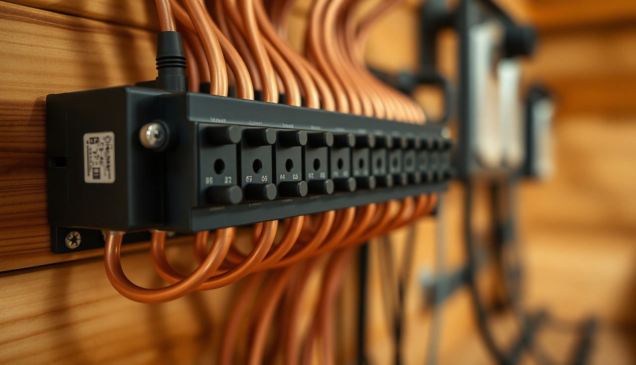 Sauna controller terminal block with copper wiring connections visible under warm workshop light