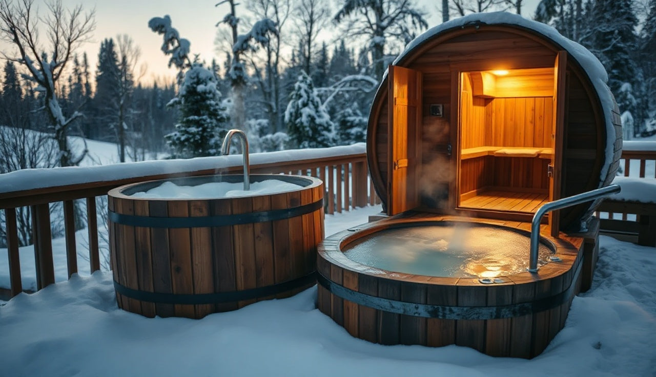 Outdoor barrel sauna and cold plunge pool on a snowy deck at dusk
