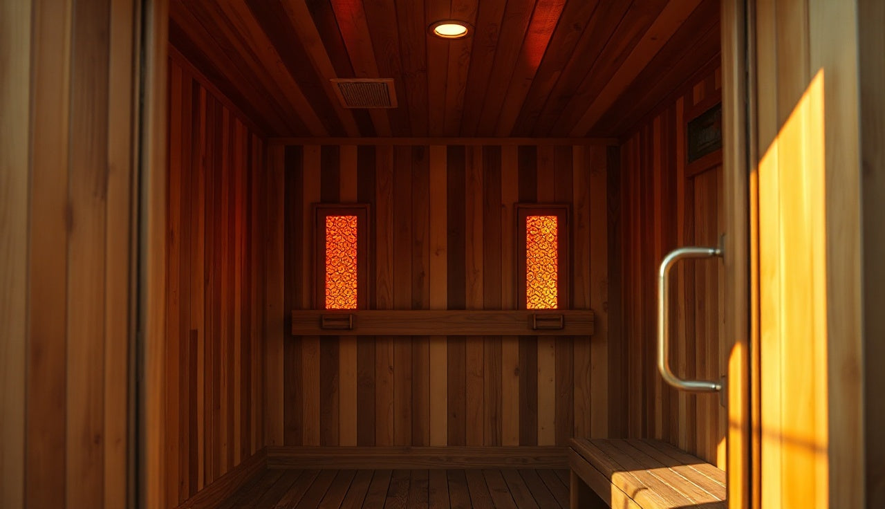 Glowing infrared heating panels inside a cedar wood sauna cabin