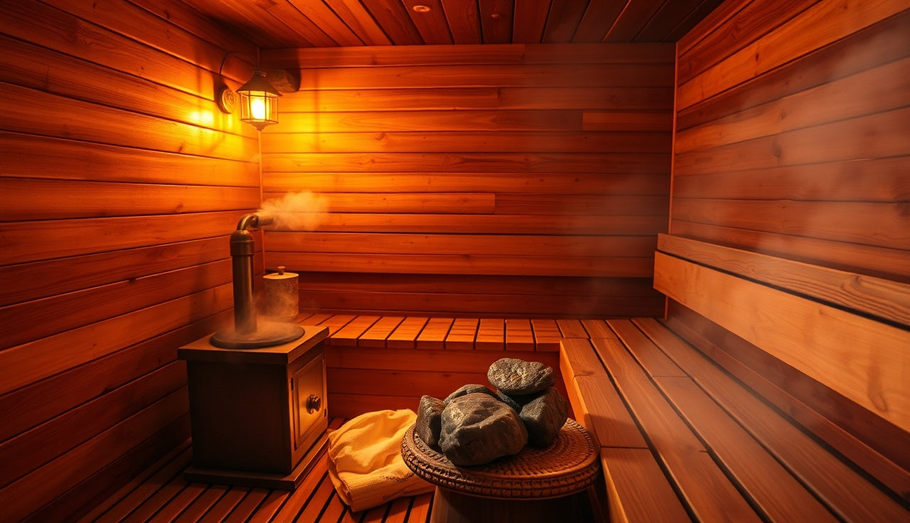Empty traditional Finnish sauna interior with wooden benches and glowing sauna stones